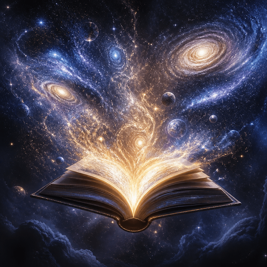 記憶の海岸 — Epoch SF短編小説の挿絵。宇宙の暗闇に浮かぶ輝く本。