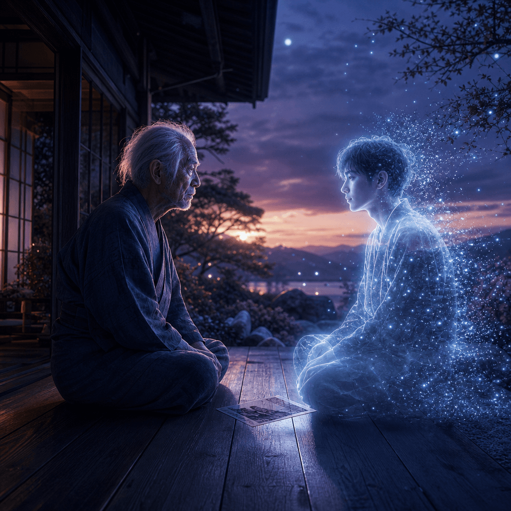 終わりを覚えていて — Epoch SF短編小説の挿絵。夕暮れの縁側で、老人が粒子の光でできた若い自分自身と向き合う