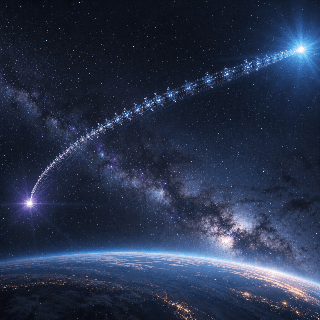 幽霊帯域、応答せよ — Epoch SF短編小説の挿絵。天の川の上に、無数の中継衛星が翼を連ねた光の橋が架かる